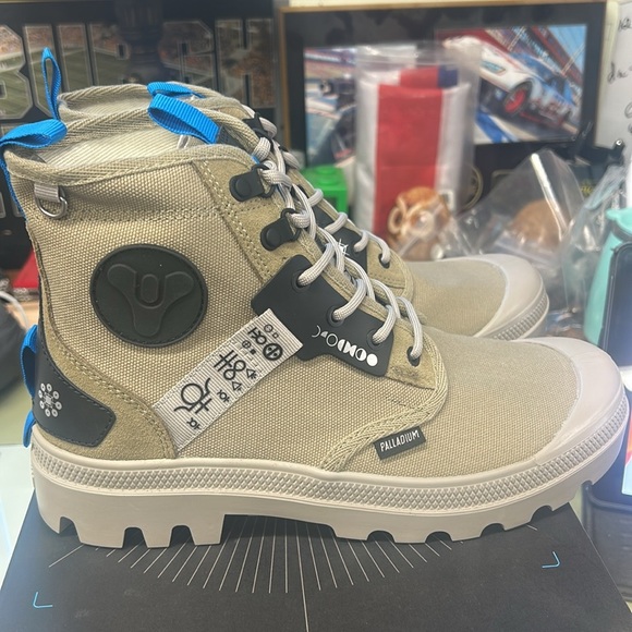 Beige High-Top Sneakers with Blue Accents